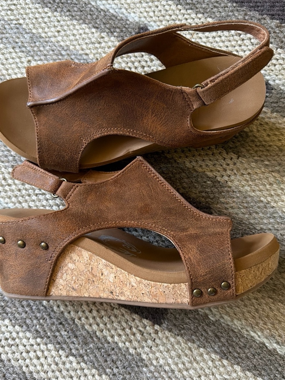 Very G Brown Cork Wedge Sandals with Stud Detail